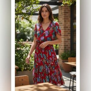 Diane Freis Red Beaded Floral Silk Midi Dress